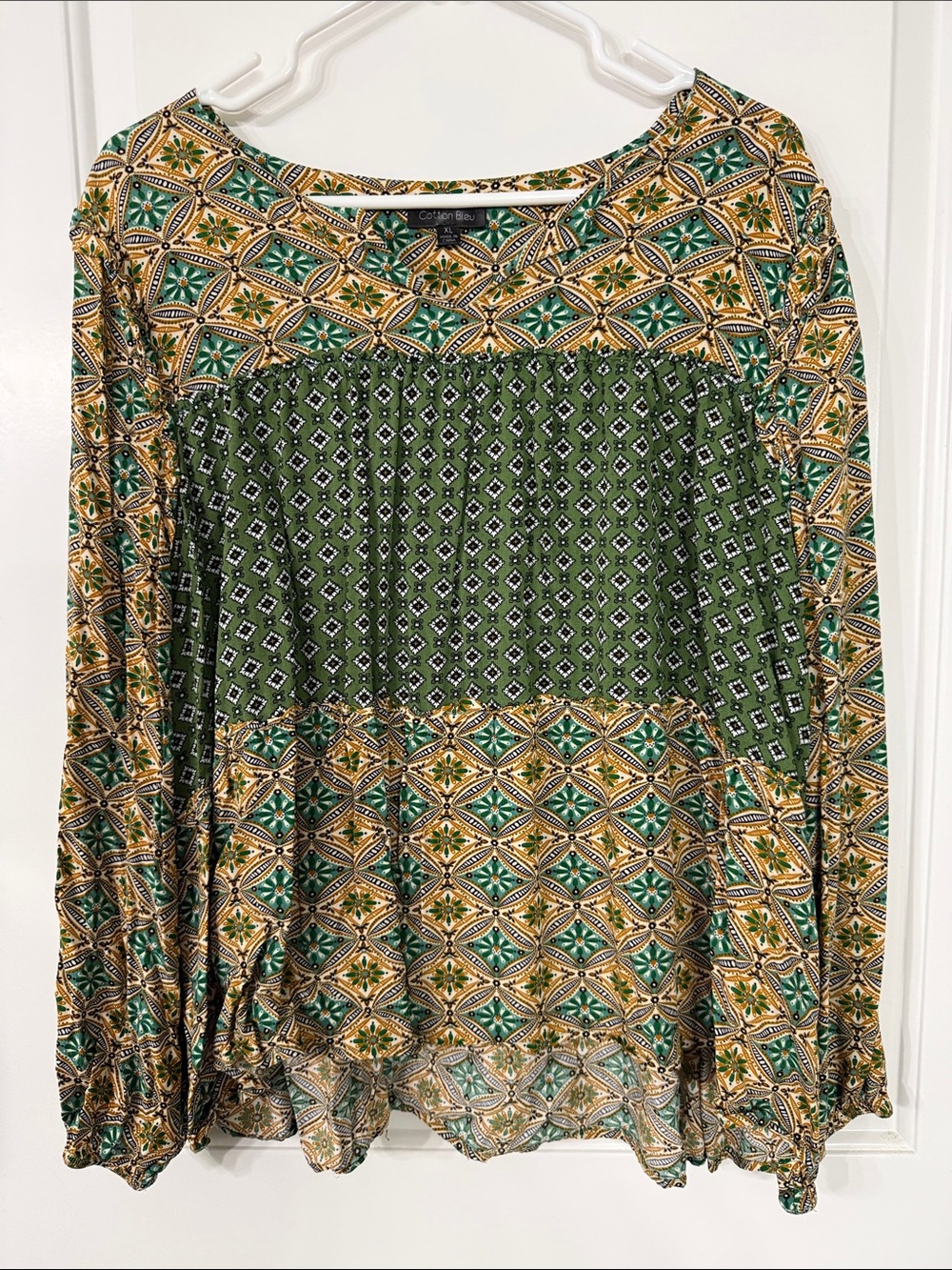 Cotton Blue Green Patterned Tiered Tunic